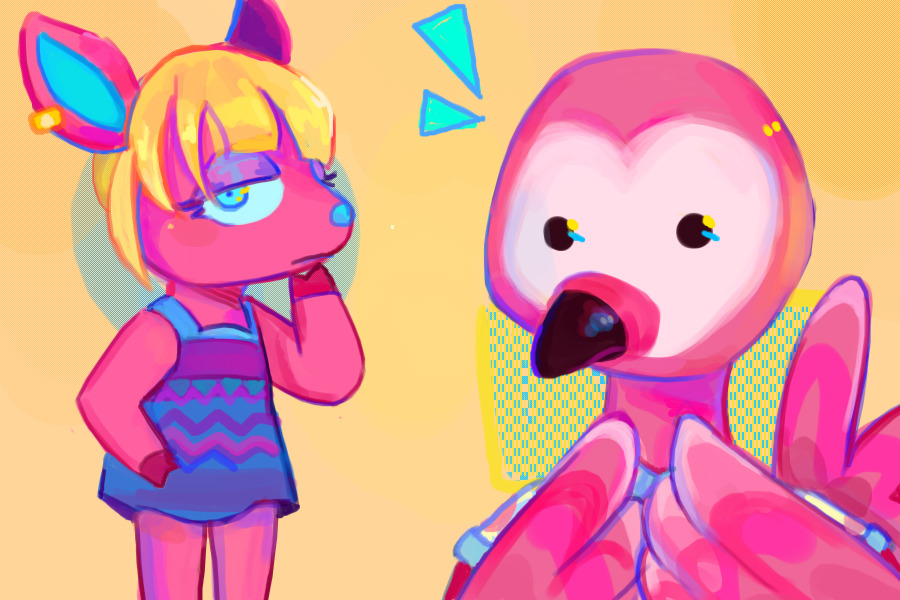a couple of bright pink villagers