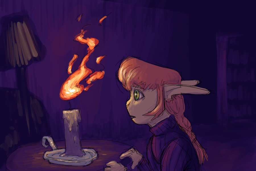 Staring into open flame,