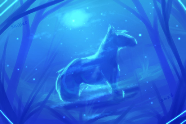 Just a ghost horse chilling in a forest.